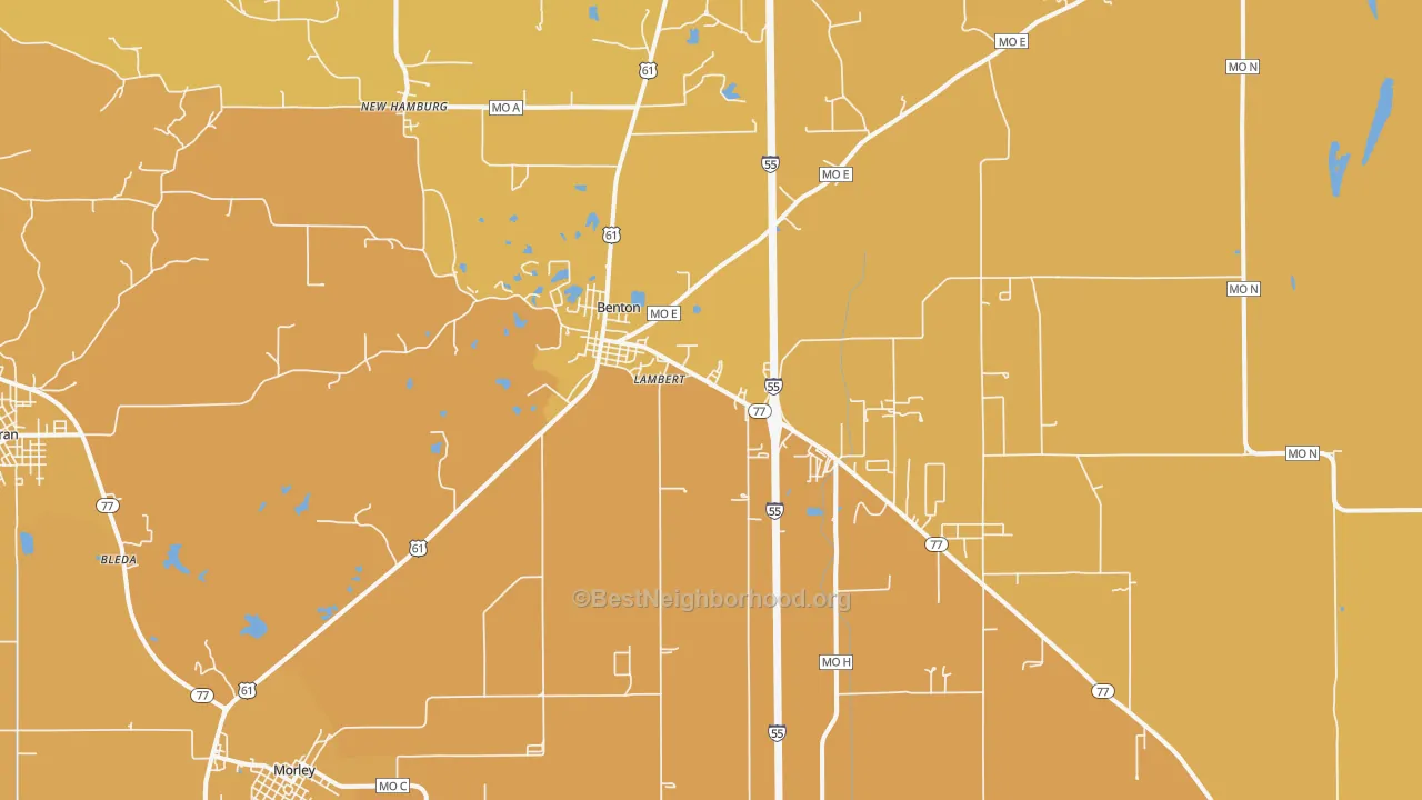 Map of the best neighborhoods in the Benton area, with better matches in green and worse matches in red