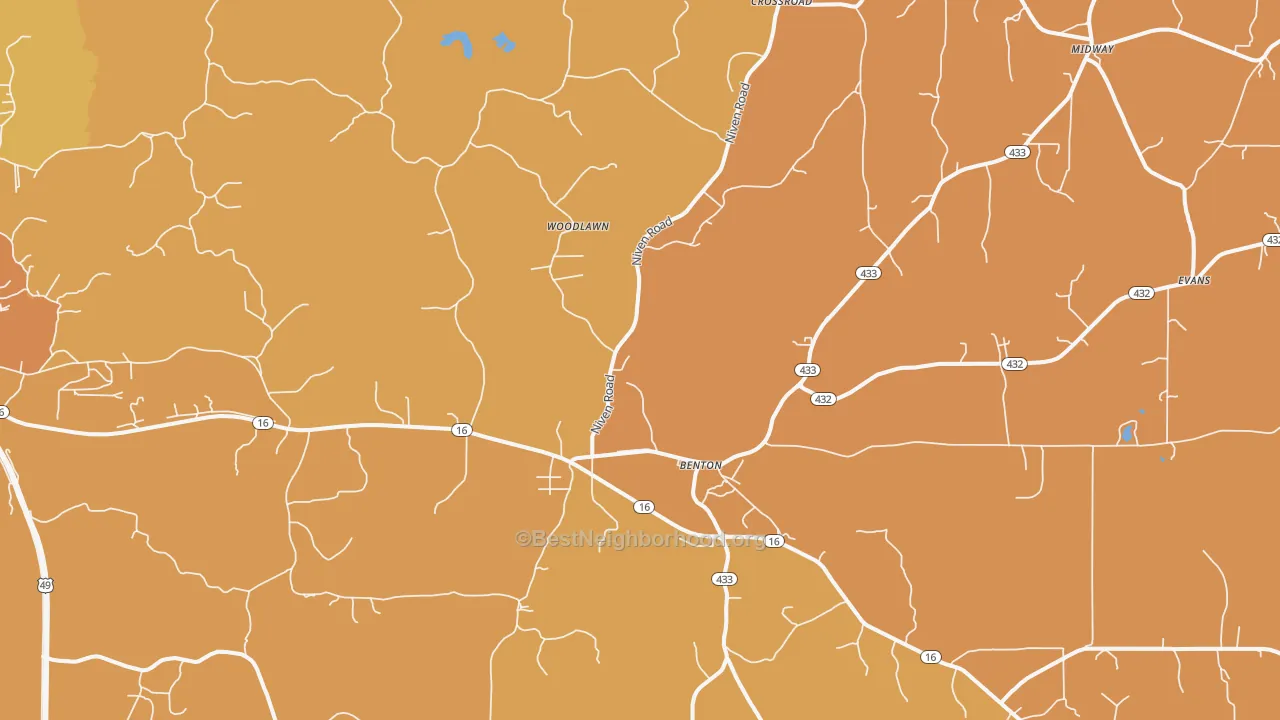 Map of the best neighborhoods in the Benton area, with better matches in green and worse matches in red