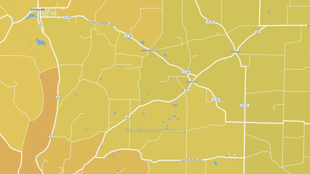 Map of the best neighborhoods in the Benton area, with better matches in green and worse matches in red