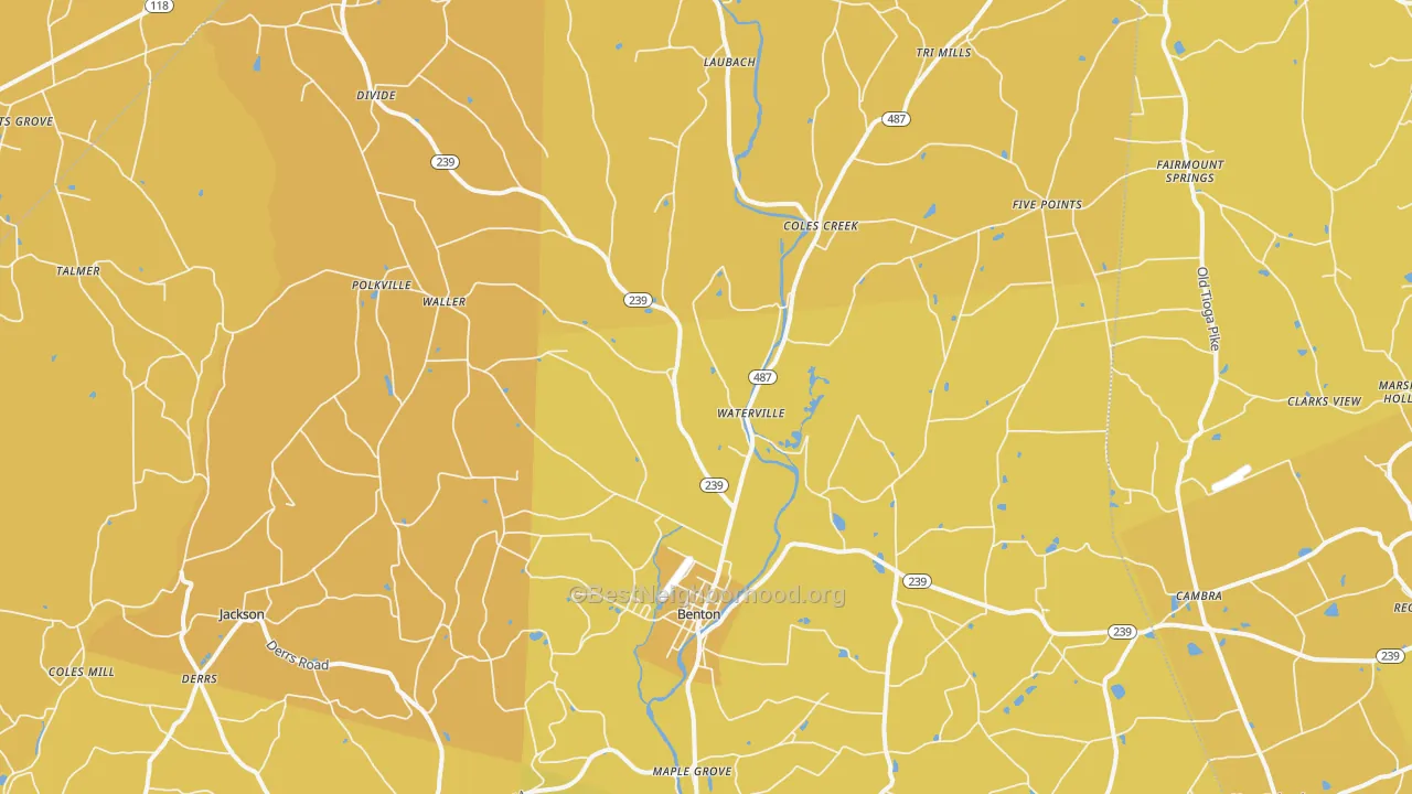 Map of the best neighborhoods in the Benton area, with better matches in green and worse matches in red