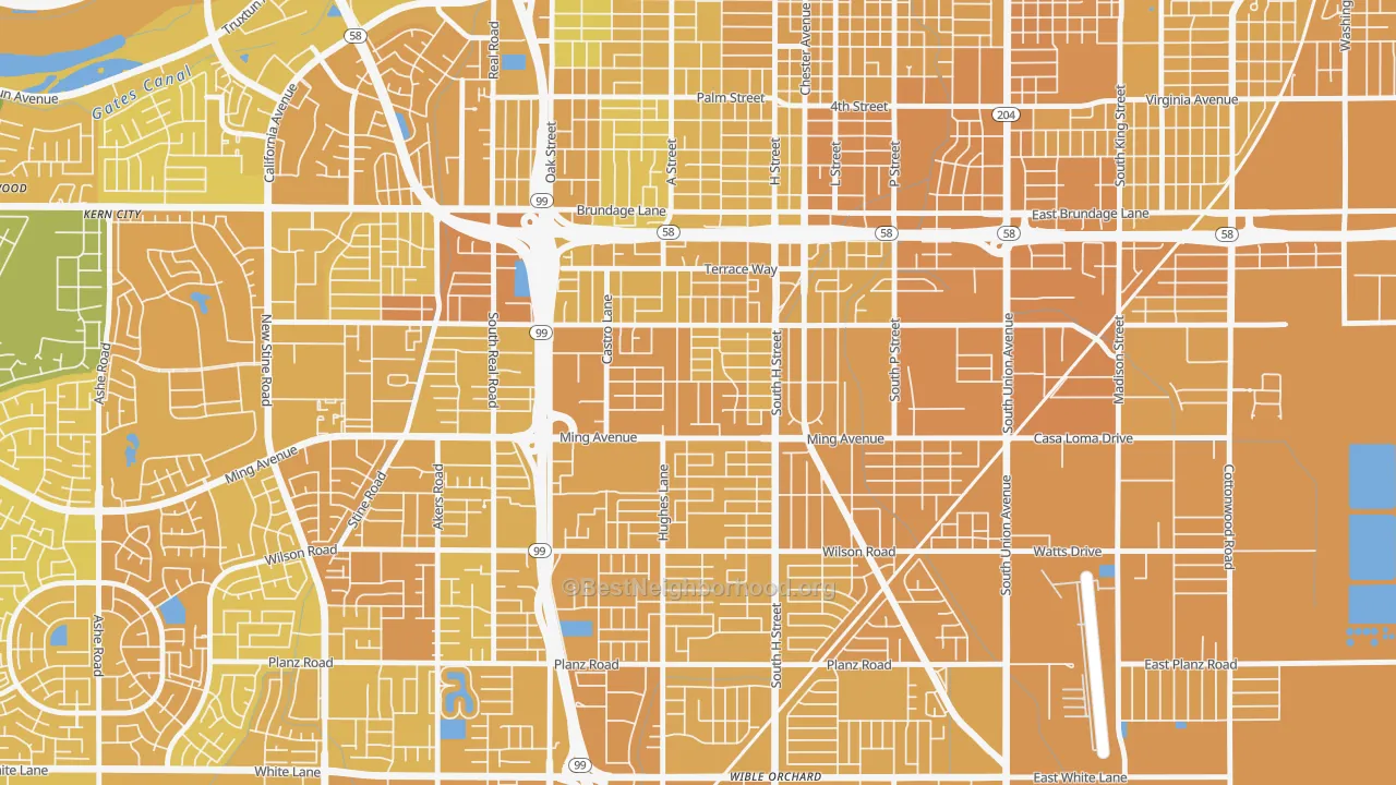 Map of the best neighborhoods in the Benton Park, Bakersfield area, with better matches in green and worse matches in red