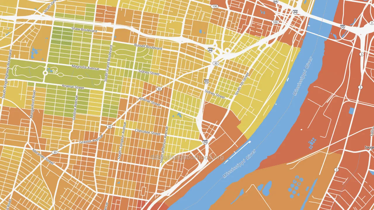 Map of the best neighborhoods in the Benton Park, St. Louis area, with better matches in green and worse matches in red