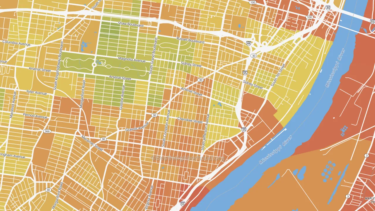 Map of the best neighborhoods in the Benton Park West, St. Louis area, with better matches in green and worse matches in red