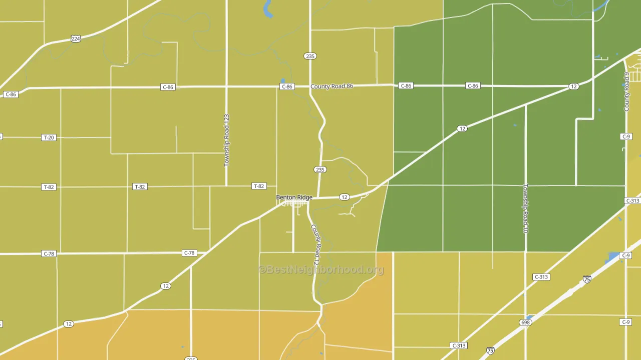 Map of the best neighborhoods in the Benton Ridge area, with better matches in green and worse matches in red