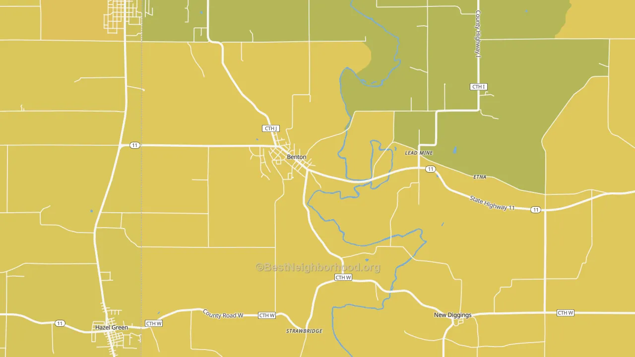 Map of the best neighborhoods in the Benton area, with better matches in green and worse matches in red