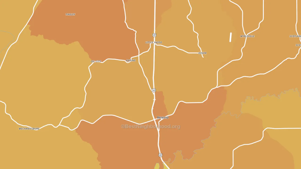 Map of the best neighborhoods in the Bentonia area, with better matches in green and worse matches in red