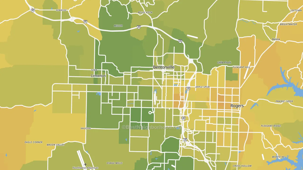 Map of the best neighborhoods in the Bentonville area, with better matches in green and worse matches in red