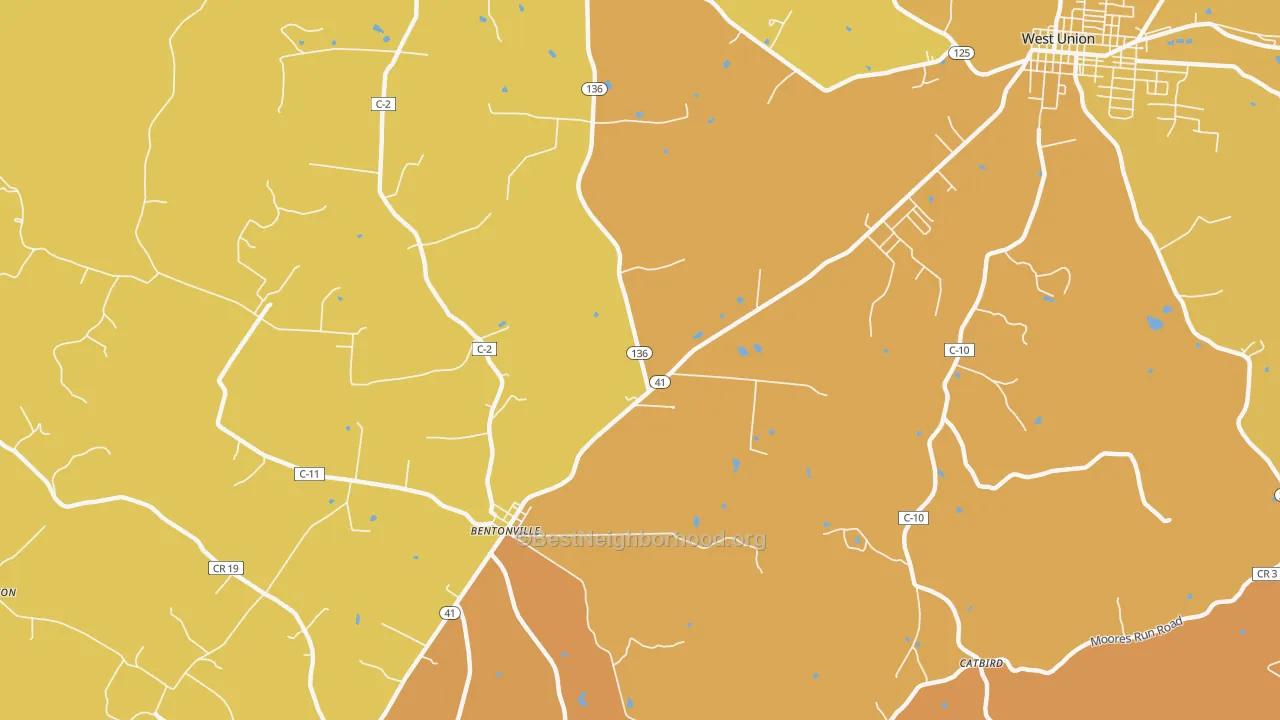 Map of the best neighborhoods in the Bentonville area, with better matches in green and worse matches in red