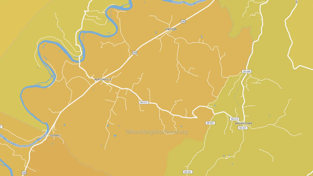 Map of the best neighborhoods in the Bentonville area, with better matches in green and worse matches in red