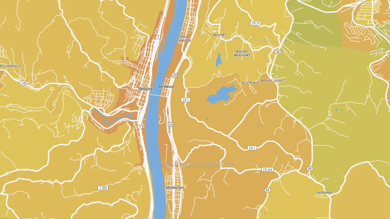 Map of the best neighborhoods in the Benwood area, with better matches in green and worse matches in red