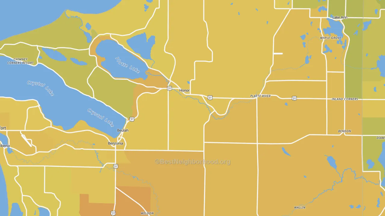 Map of the best neighborhoods in the Benzie County area, with better matches in green and worse matches in red