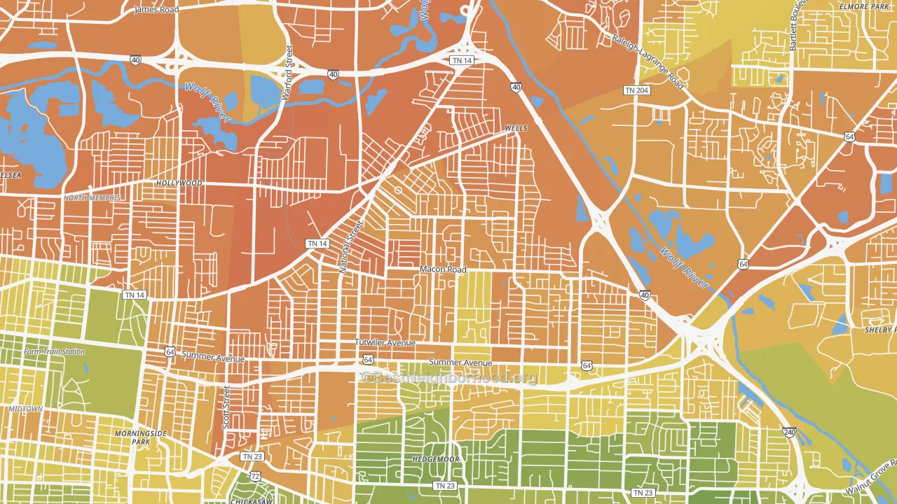 Map of the best neighborhoods in the Berclair-Highland Heights, Memphis area, with better matches in green and worse matches in red