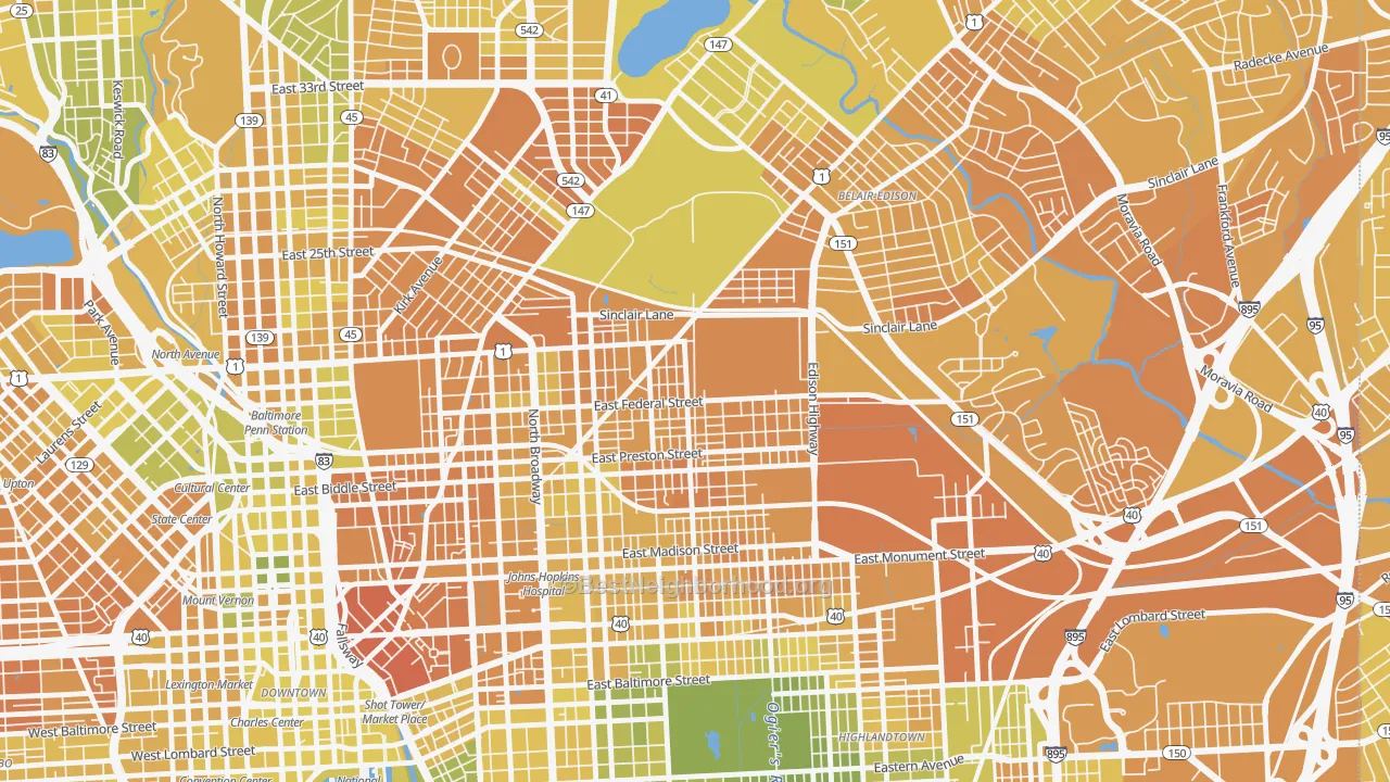 Map of the best neighborhoods in the Berea, Baltimore area, with better matches in green and worse matches in red