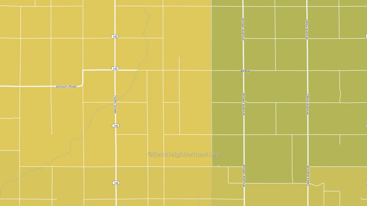 Map of the best neighborhoods in the Berea area, with better matches in green and worse matches in red