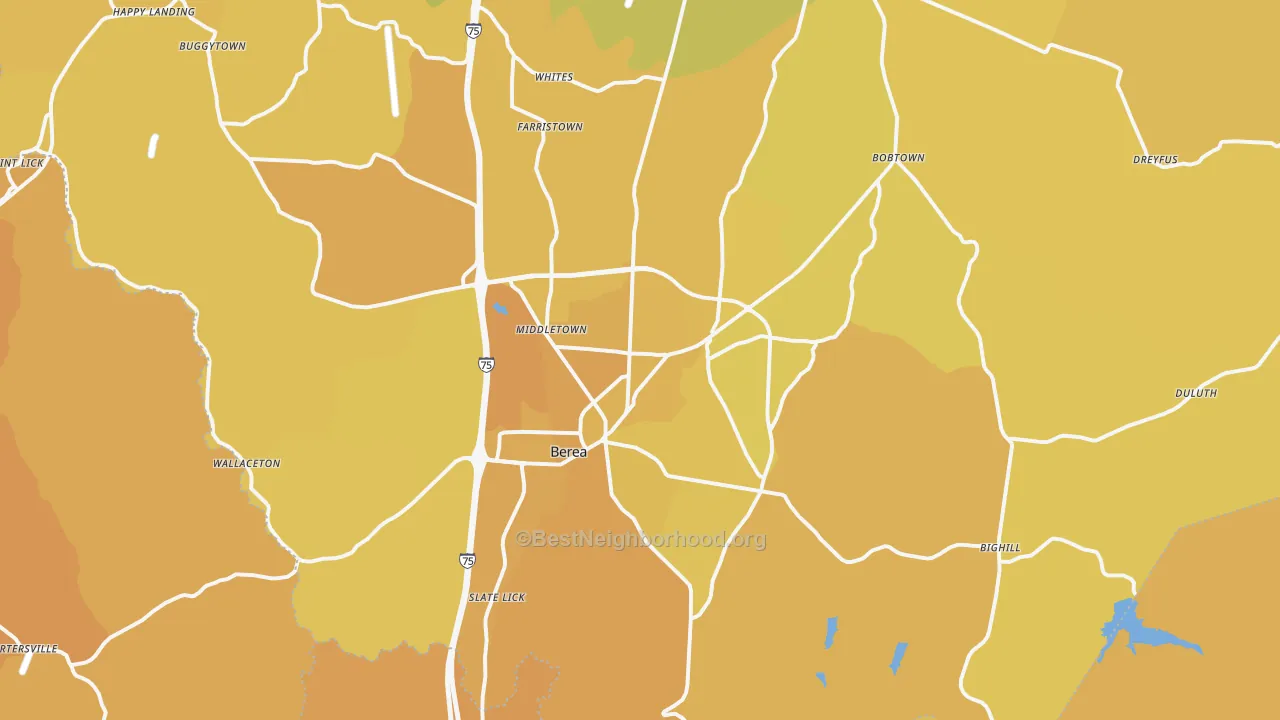 Map of the best neighborhoods in the Berea area, with better matches in green and worse matches in red