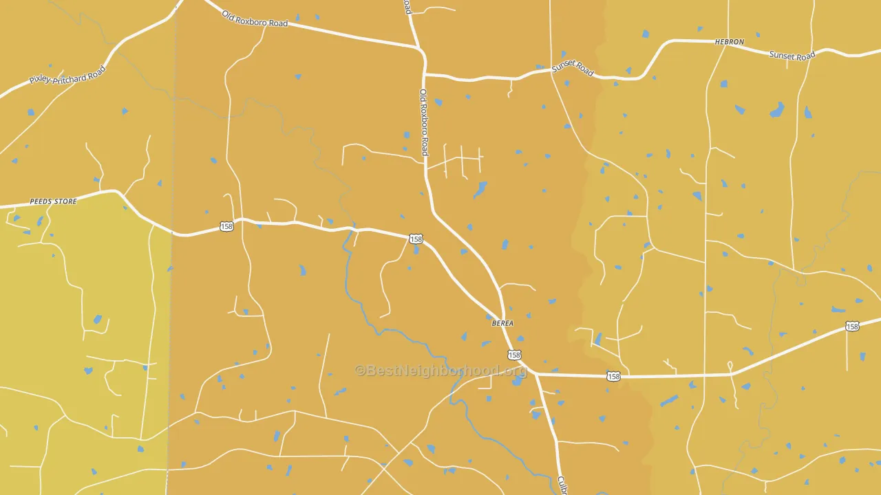 Map of the best neighborhoods in the Berea area, with better matches in green and worse matches in red