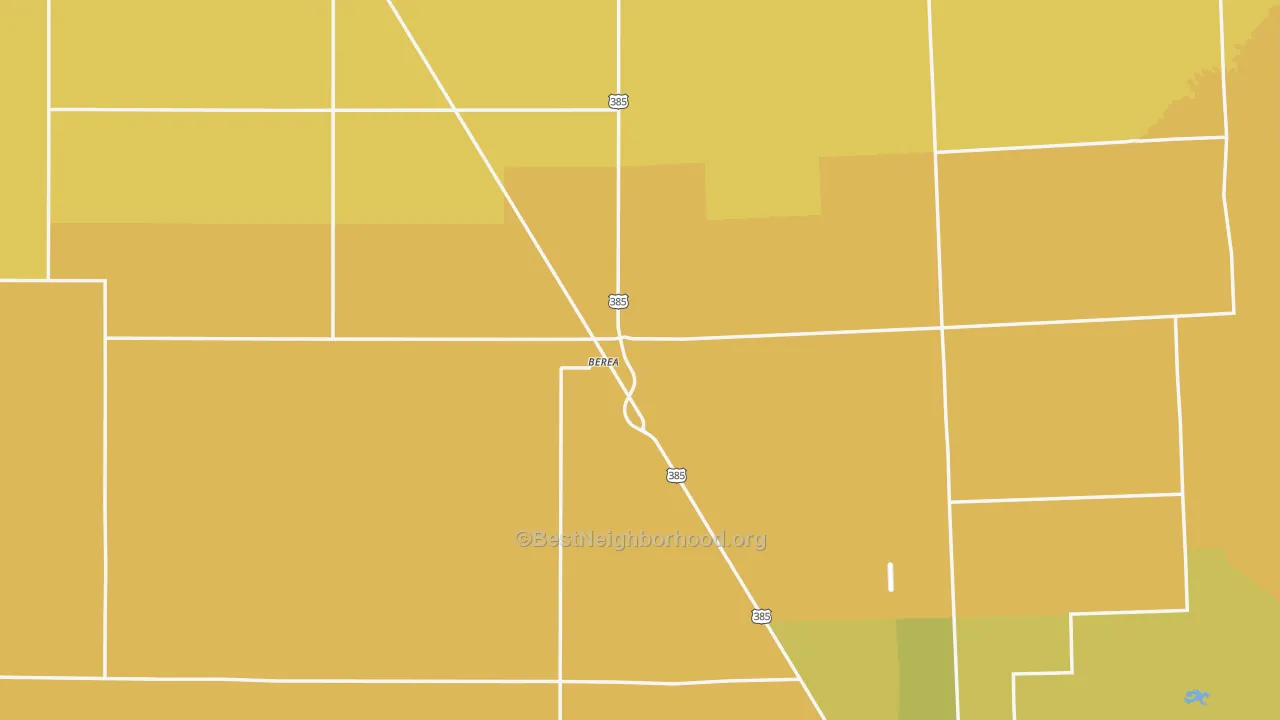 Map of the best neighborhoods in the Berea area, with better matches in green and worse matches in red