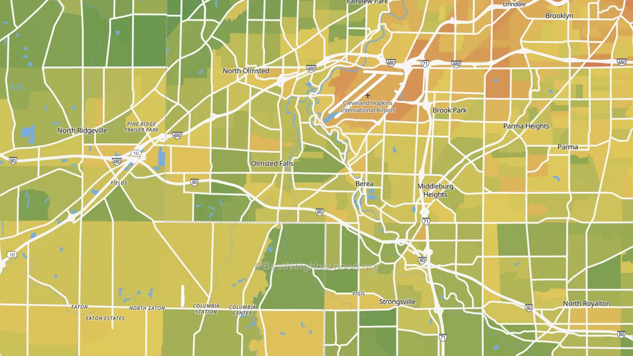 Map of the best neighborhoods in the Berea area, with better matches in green and worse matches in red