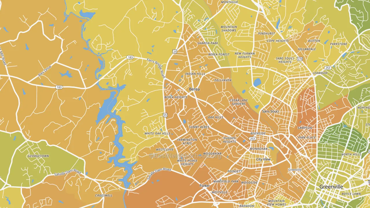 Map of the best neighborhoods in the Berea area, with better matches in green and worse matches in red