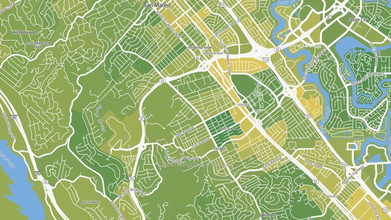 Map of the best neighborhoods in the Beresford, San Mateo area, with better matches in green and worse matches in red