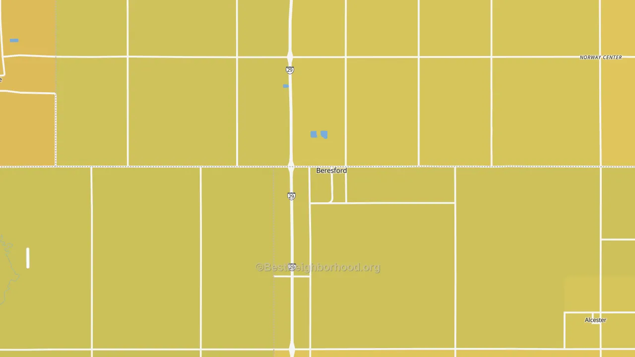 Map of the best neighborhoods in the Beresford area, with better matches in green and worse matches in red