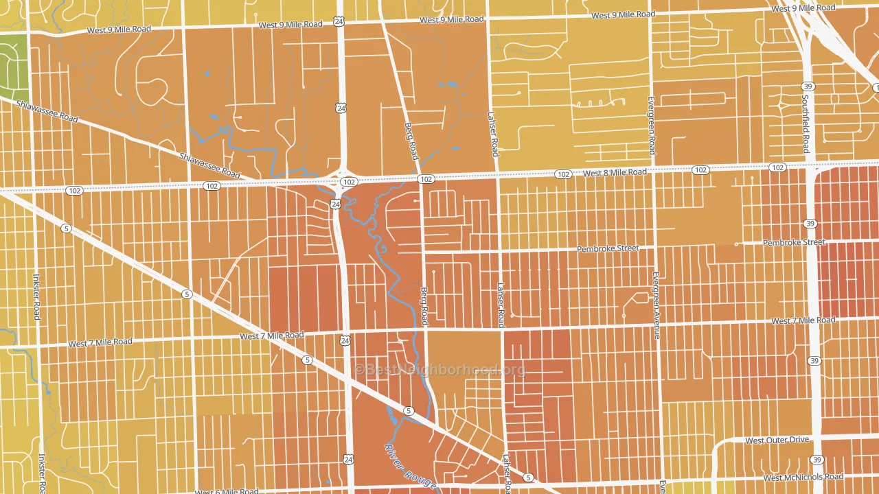 Map of the best neighborhoods in the Berg-Lasher, Detroit area, with better matches in green and worse matches in red