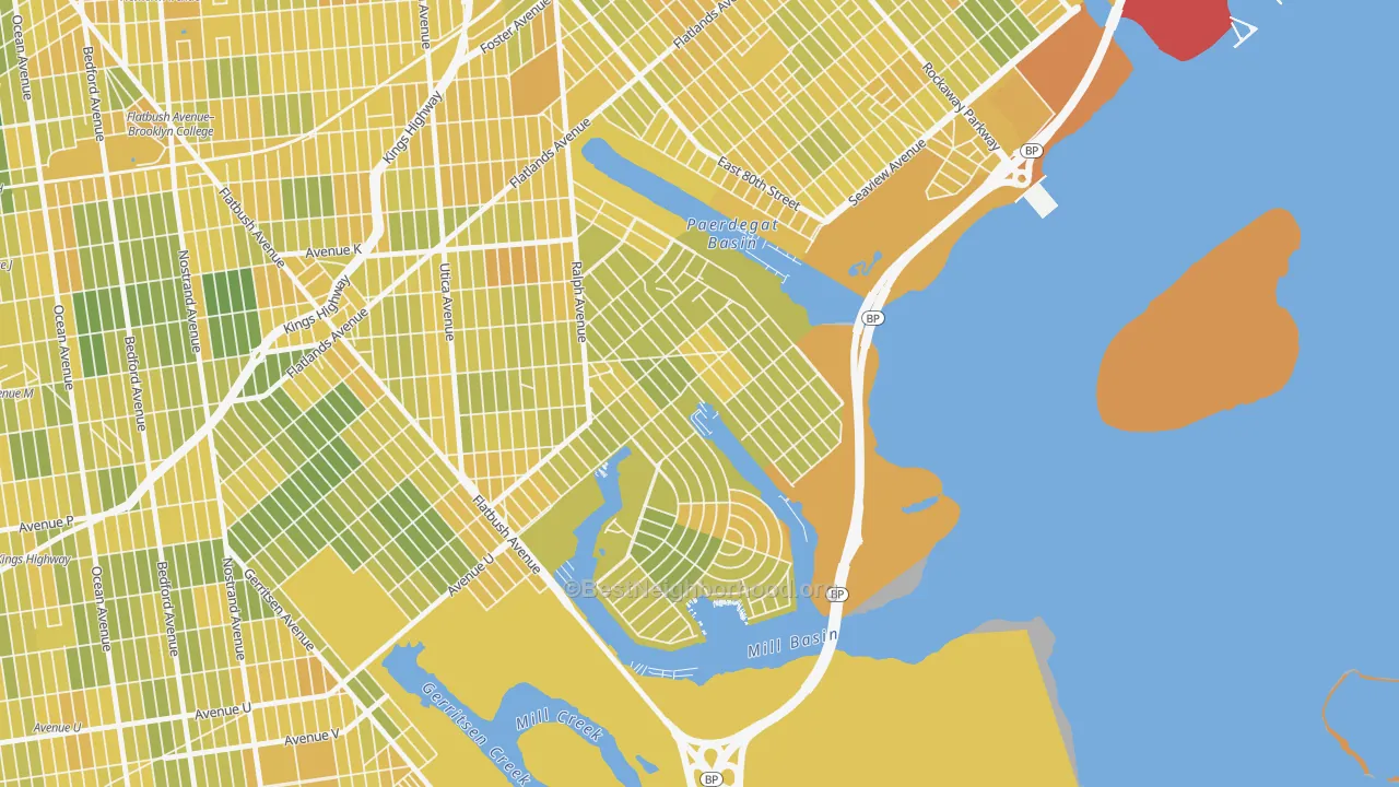 Map of the best neighborhoods in the Bergen Beach, Brooklyn area, with better matches in green and worse matches in red