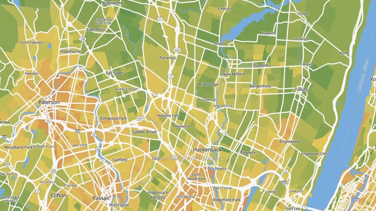 Map of the best neighborhoods in the Bergen County area, with better matches in green and worse matches in red