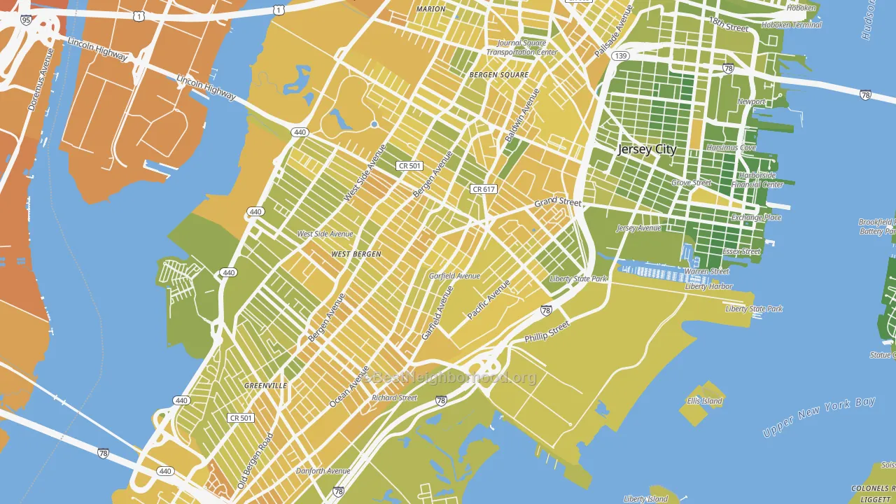 Map of the best neighborhoods in the Bergen-Lafayette, Jersey City area, with better matches in green and worse matches in red