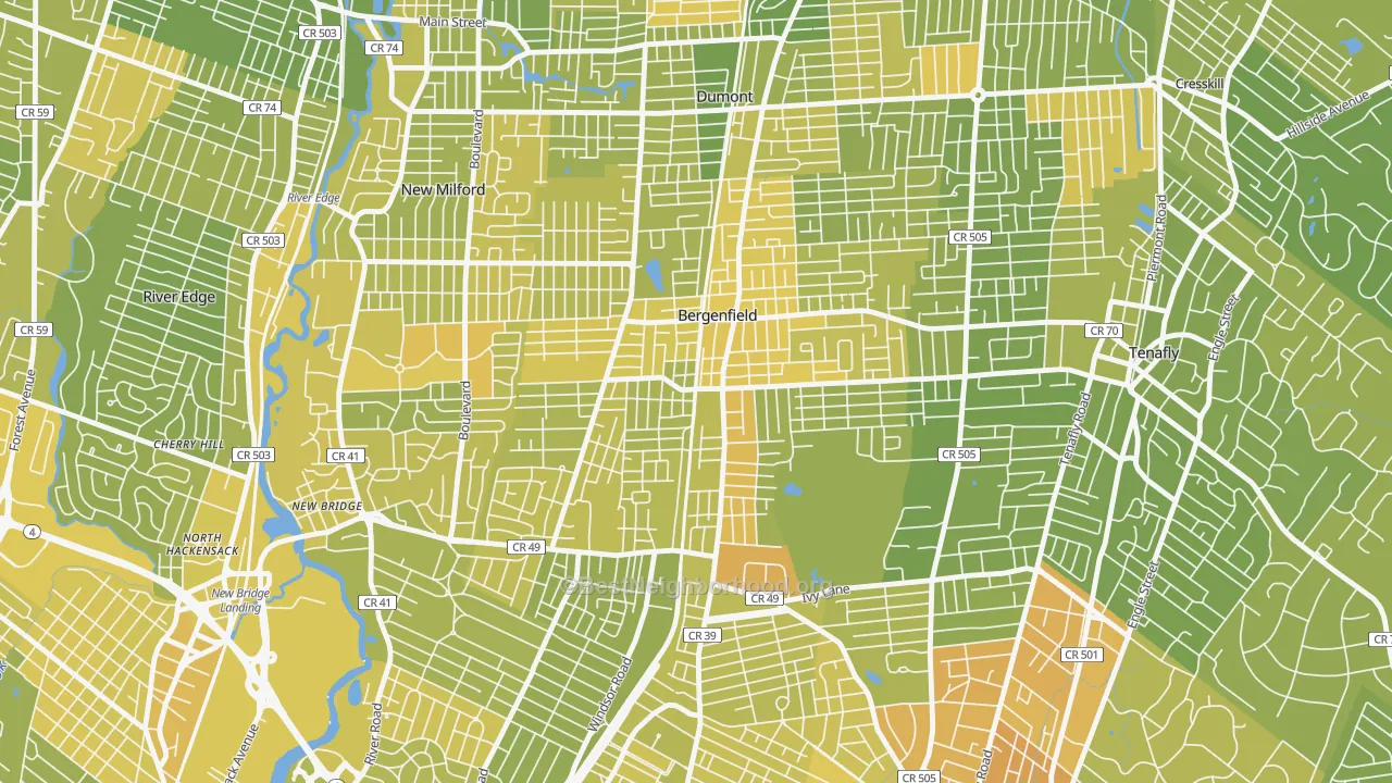 Map of the best neighborhoods in the Bergenfield area, with better matches in green and worse matches in red