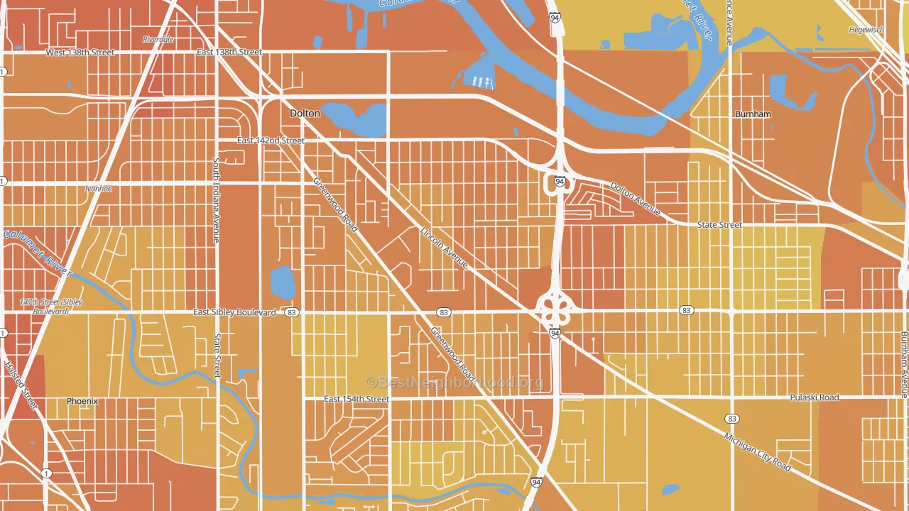 Map of the best neighborhoods in the Berger, Dolton area, with better matches in green and worse matches in red