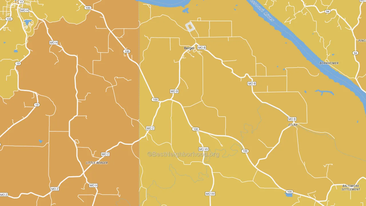 Map of the best neighborhoods in the Berger area, with better matches in green and worse matches in red