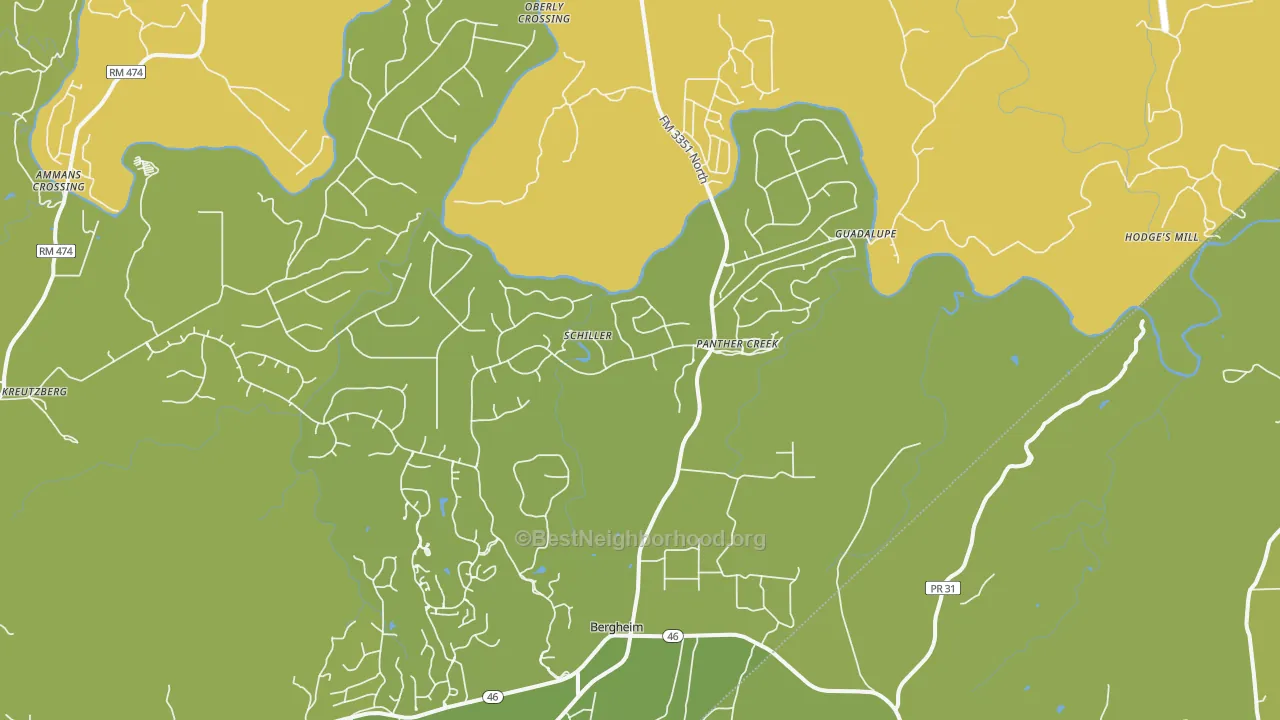Map of the best neighborhoods in the Bergheim area, with better matches in green and worse matches in red