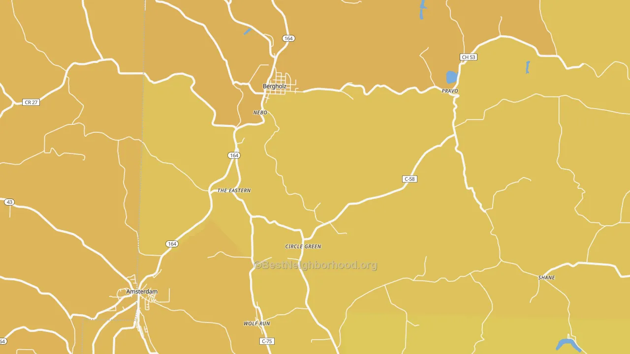Map of the best neighborhoods in the Bergholz area, with better matches in green and worse matches in red