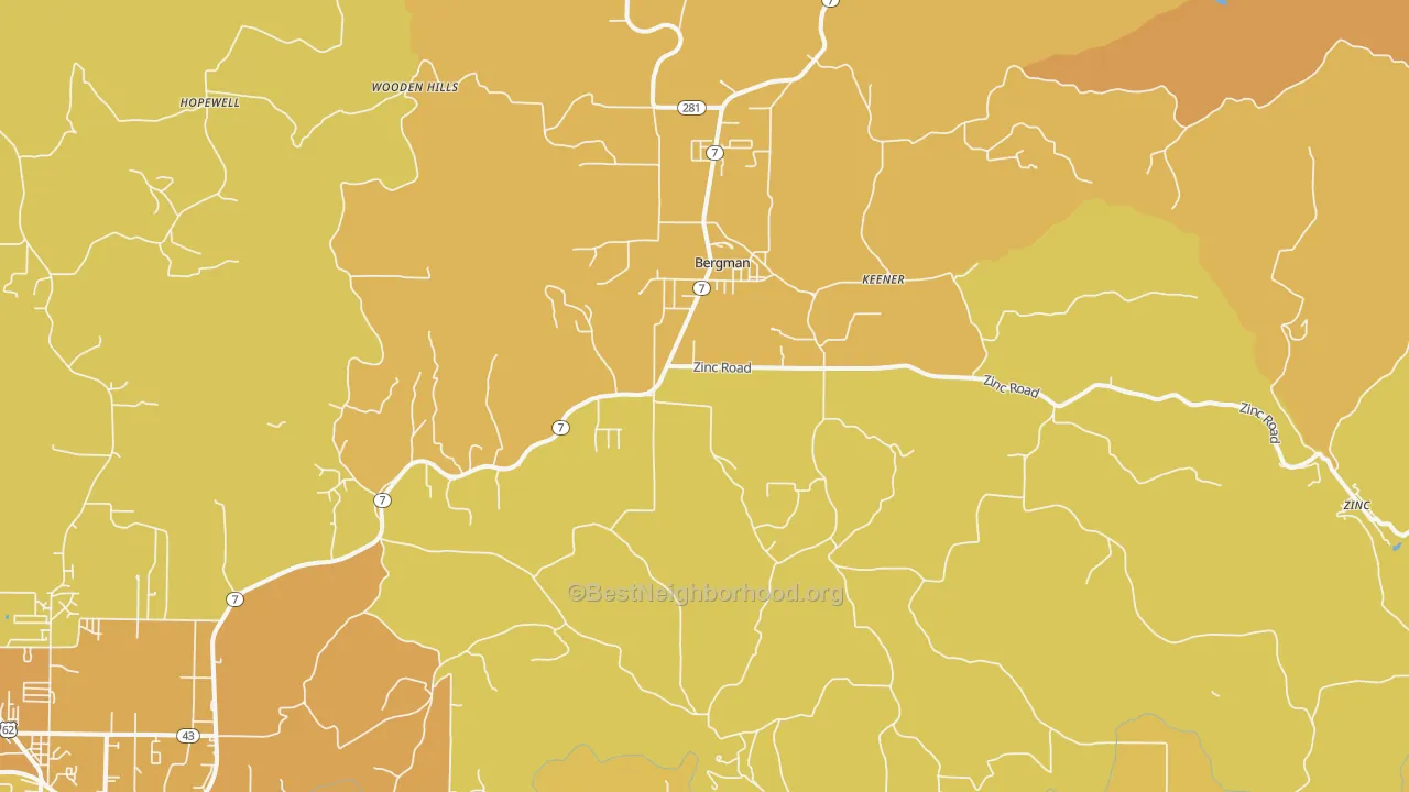 Map of the best neighborhoods in the Bergman area, with better matches in green and worse matches in red
