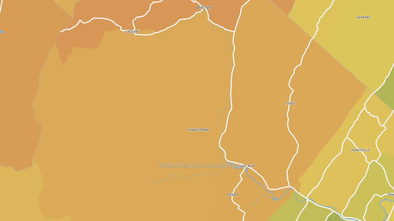 Map of the best neighborhoods in the Bergton area, with better matches in green and worse matches in red