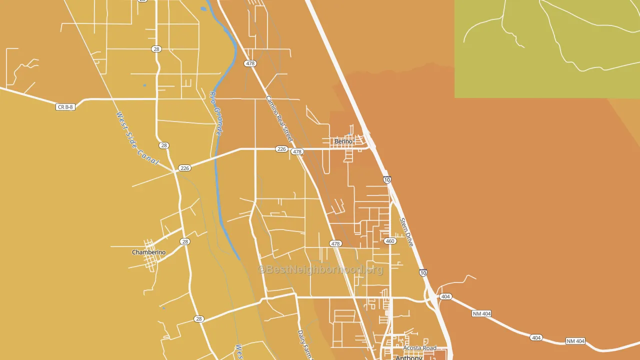Map of the best neighborhoods in the Berino area, with better matches in green and worse matches in red