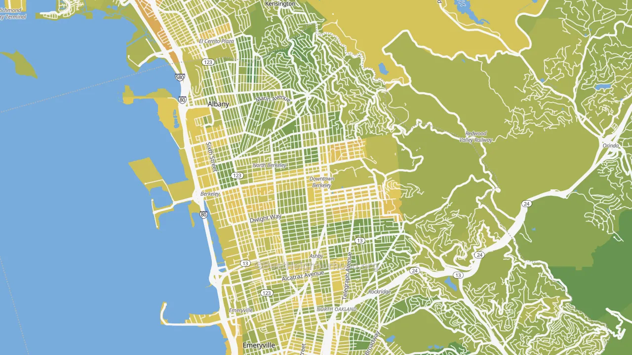Map of the best neighborhoods in the Berkeley area, with better matches in green and worse matches in red