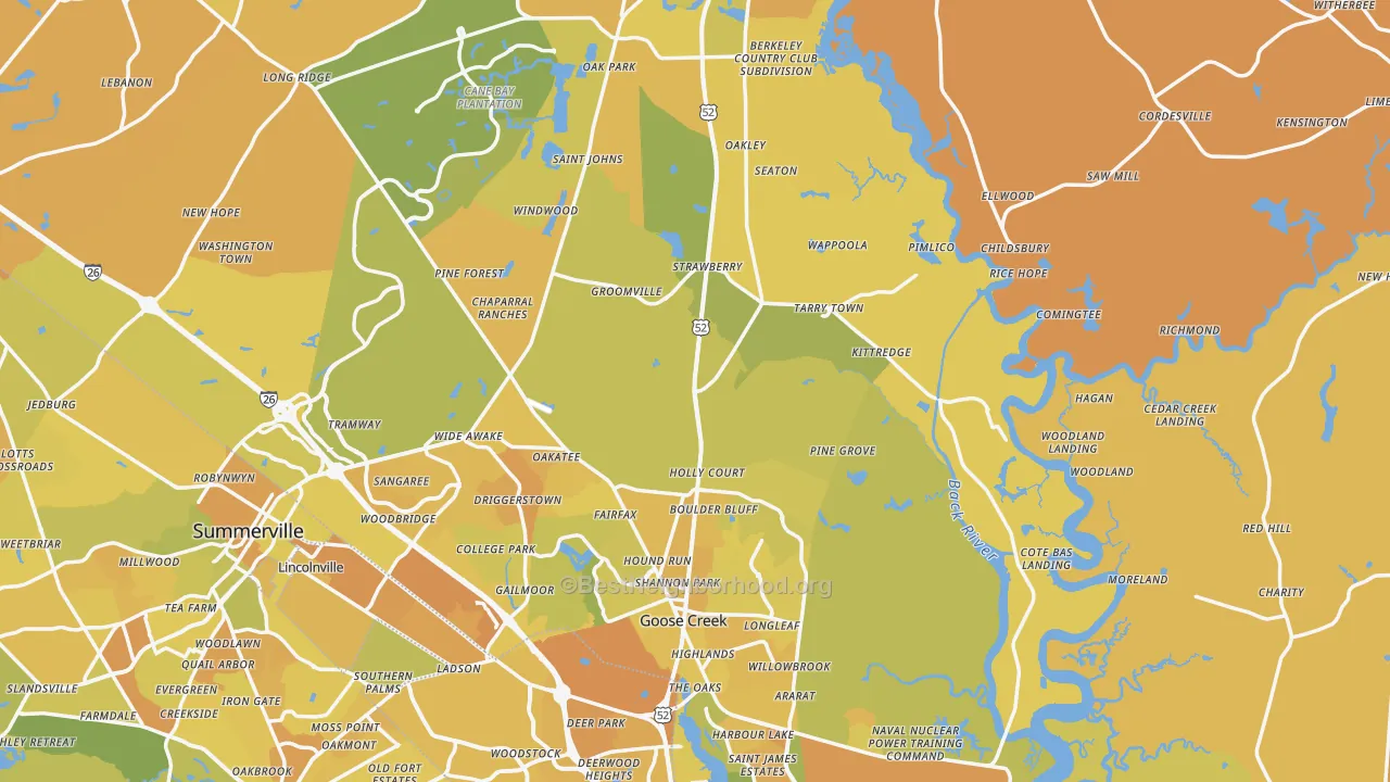 Map of the best neighborhoods in the Berkeley County area, with better matches in green and worse matches in red