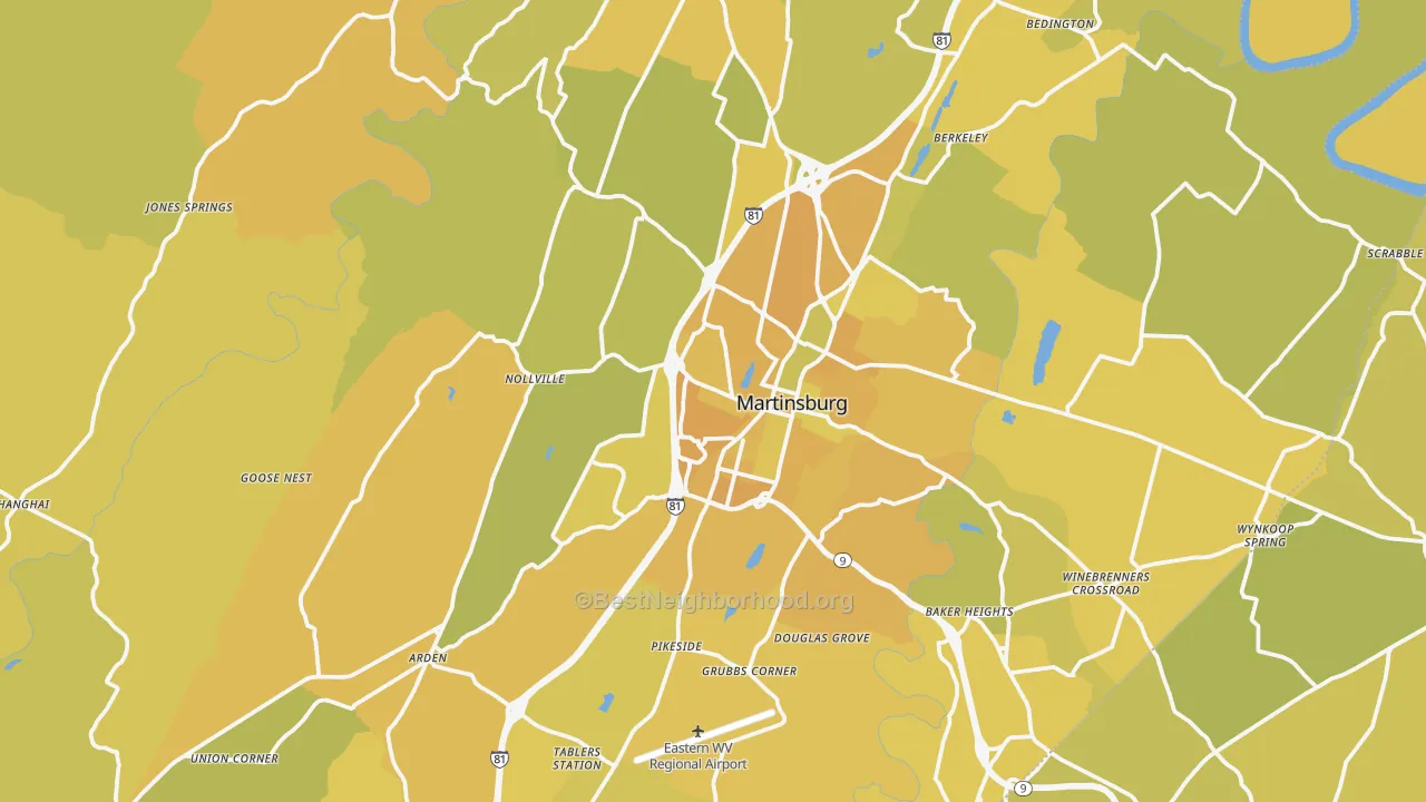 Map of the best neighborhoods in the Berkeley County area, with better matches in green and worse matches in red