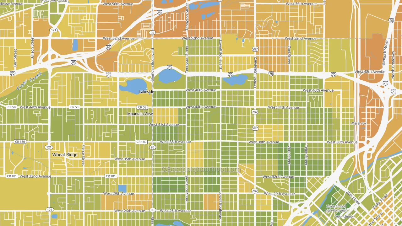 Map of the best neighborhoods in the Berkeley, Denver area, with better matches in green and worse matches in red