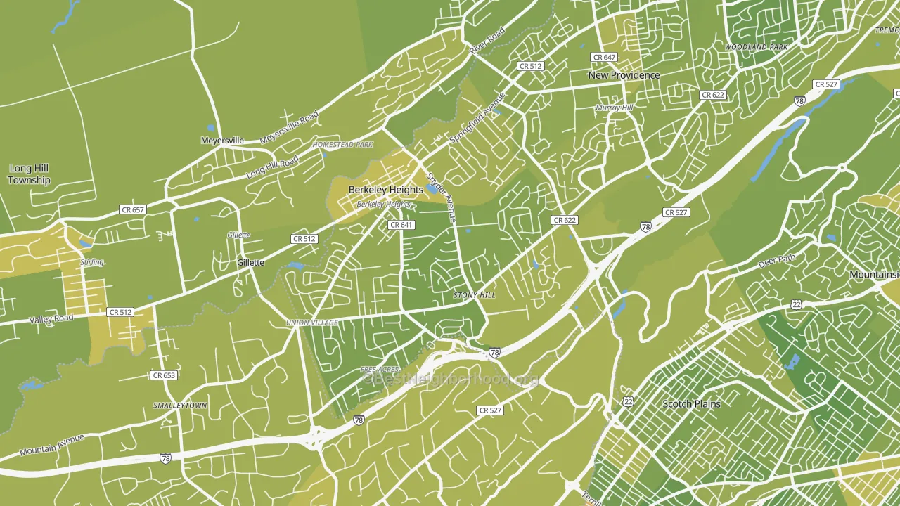 Map of the best neighborhoods in the Berkeley Heights area, with better matches in green and worse matches in red