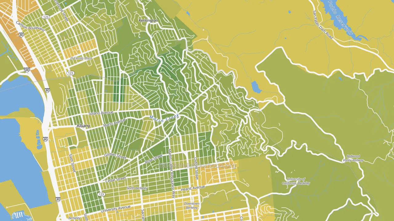 Map of the best neighborhoods in the Berkeley Hills, Berkeley area, with better matches in green and worse matches in red
