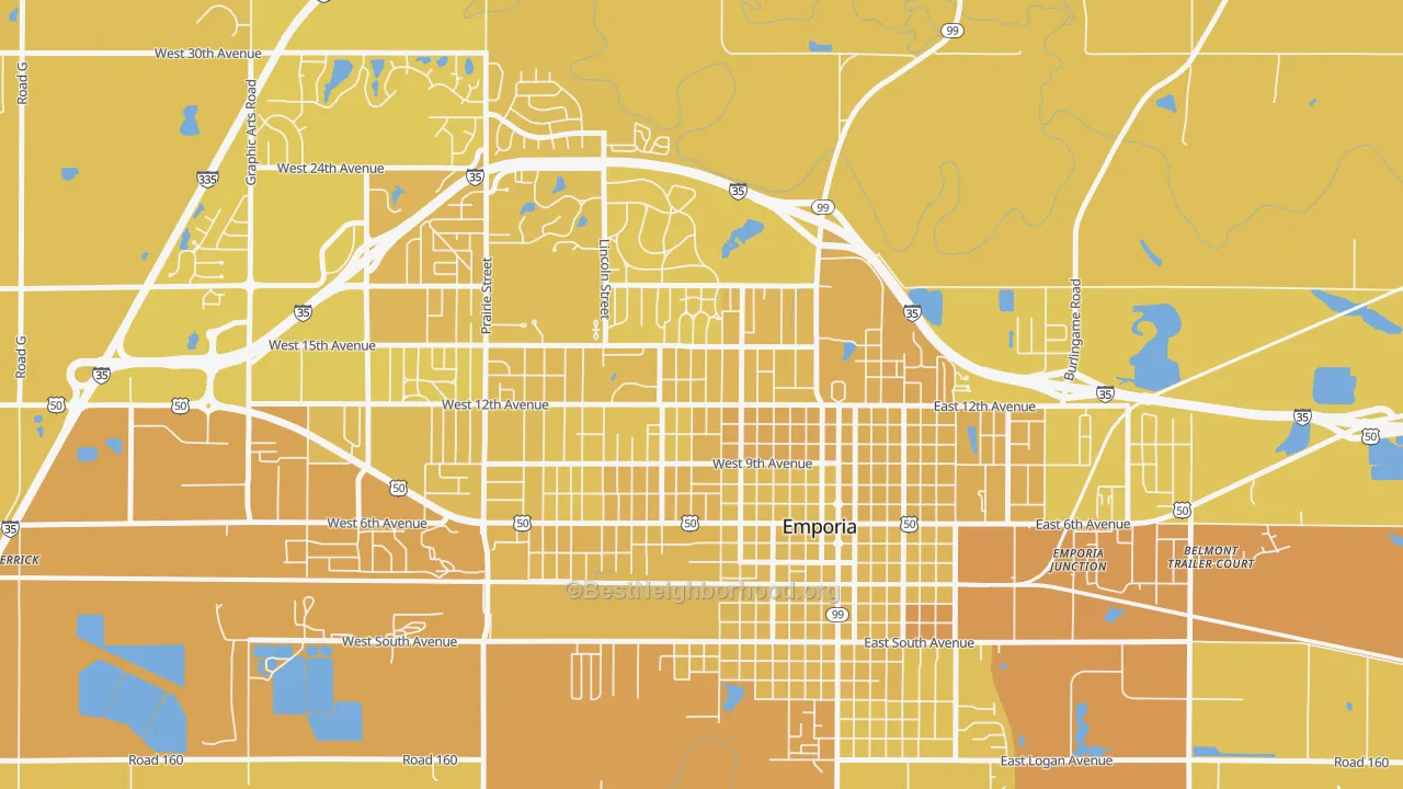 Map of the best neighborhoods in the Berkeley Hills, Emporia area, with better matches in green and worse matches in red