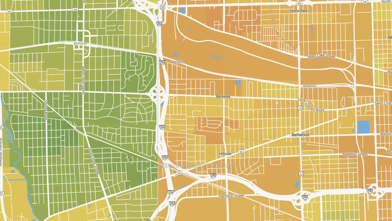 Map of the best neighborhoods in the Berkeley area, with better matches in green and worse matches in red