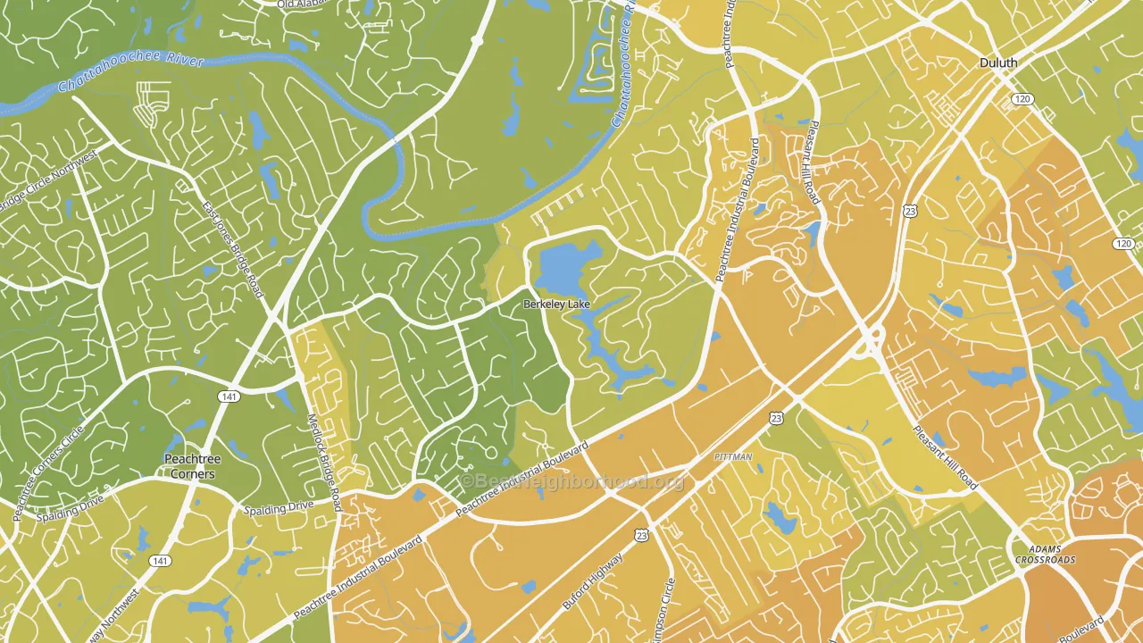 Map of the best neighborhoods in the Berkeley Lake area, with better matches in green and worse matches in red