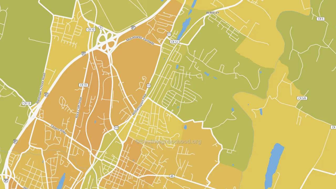 Map of the best neighborhoods in the Berkeley, Martinsburg area, with better matches in green and worse matches in red