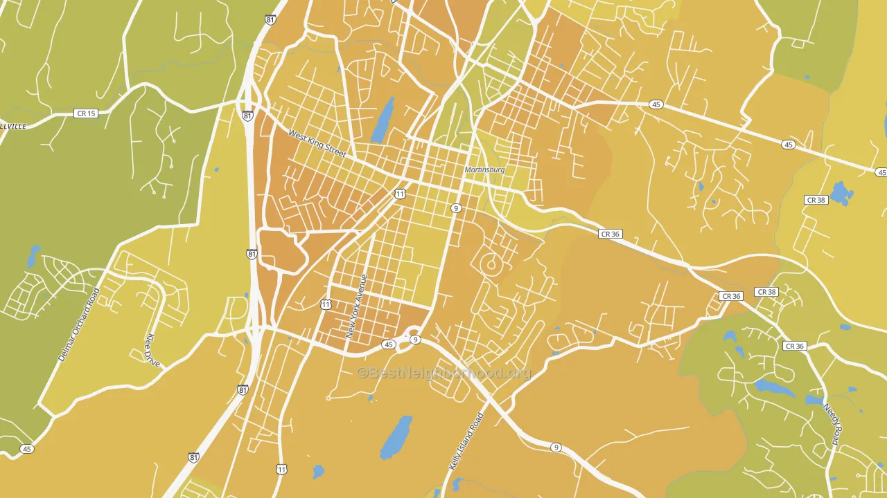 Map of the best neighborhoods in the Berkeley Place, Martinsburg area, with better matches in green and worse matches in red