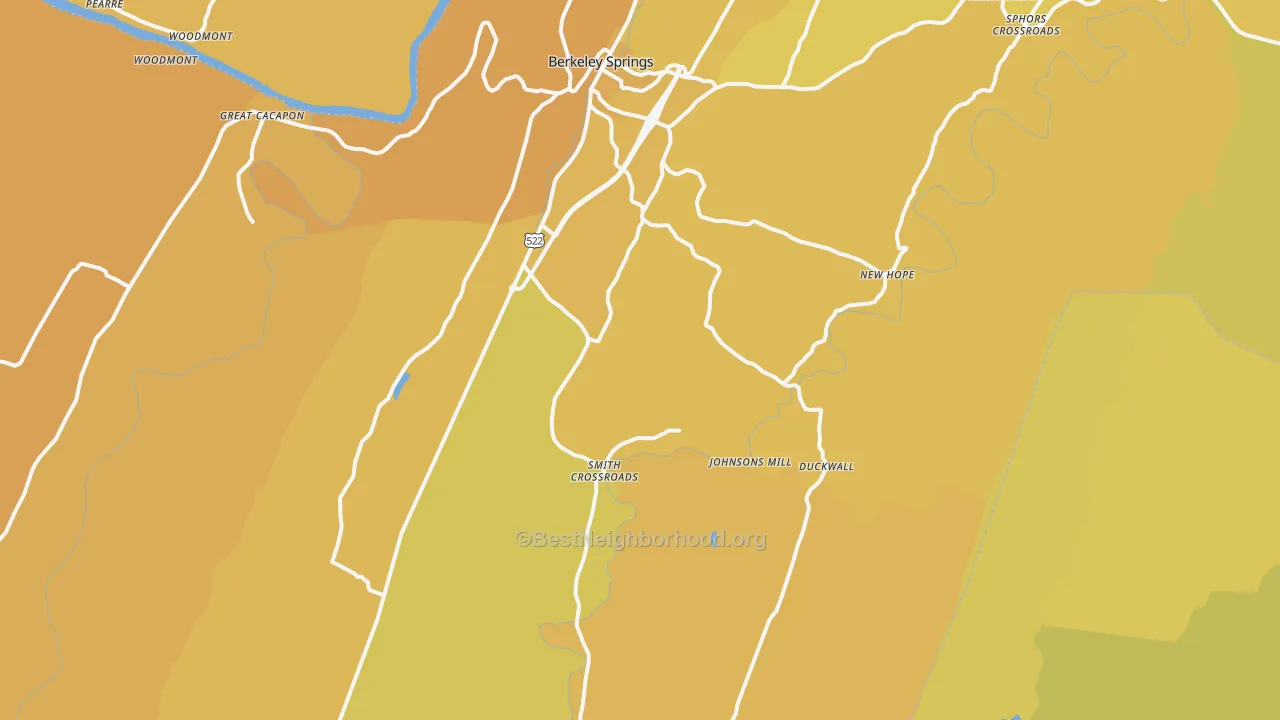 Map of the best neighborhoods in the Berkeley Springs area, with better matches in green and worse matches in red