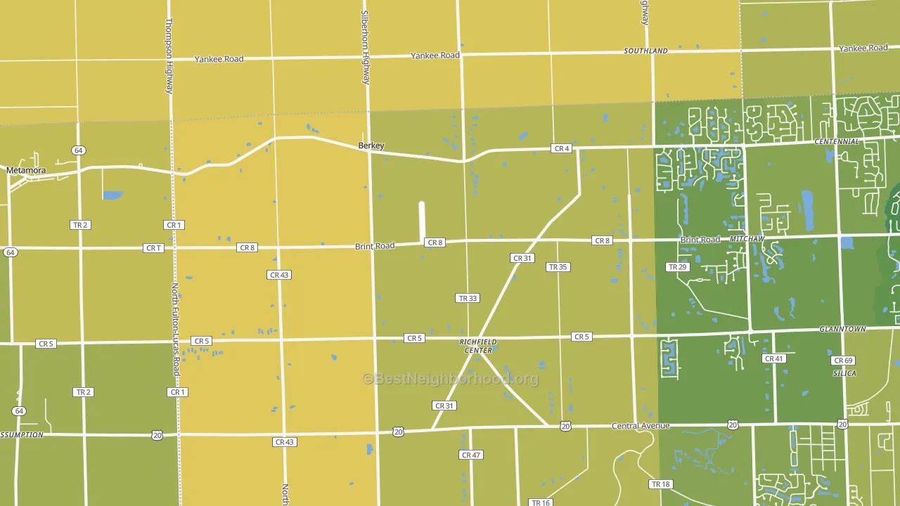 Map of the best neighborhoods in the Berkey area, with better matches in green and worse matches in red